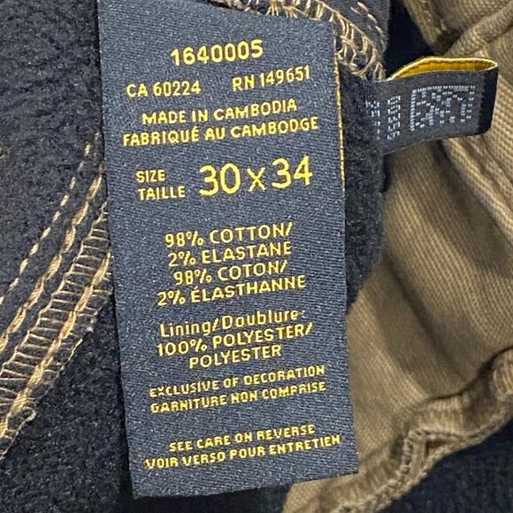 CAT Caterpillar Work Pants Mens 30 x 34 Brown Canvas Fleece Lined Insulated - Picture 13 of 15